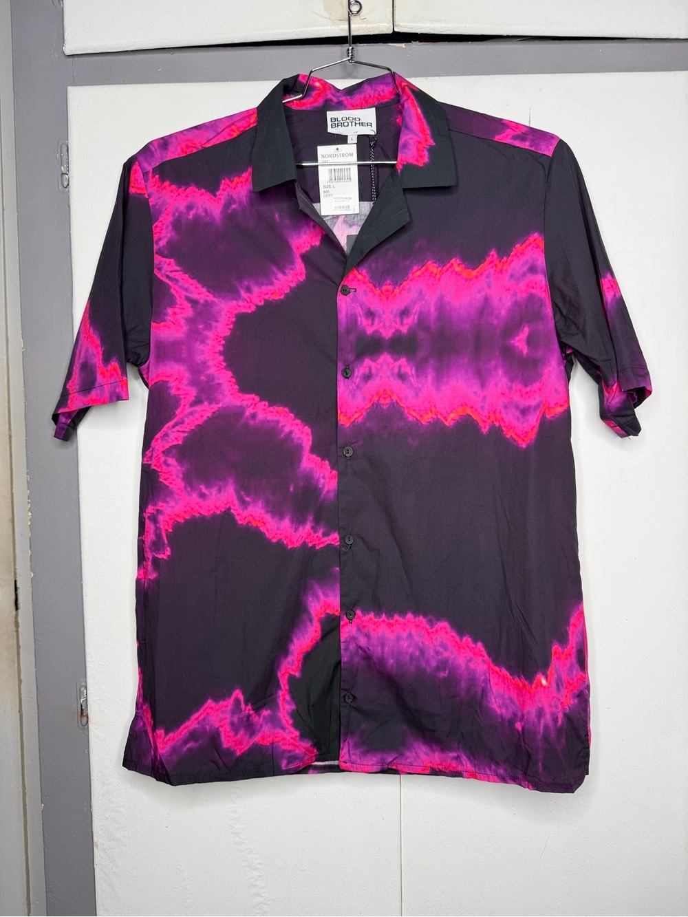 Blood Brother Men S/S button shirt (L) NWT Rave Tie dye Pink Trippy Festival